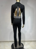 2024 Women Bandage Long Pants Set With Lapel Long Sleeved Nail Bead Design Backless Sexy Ultra Short Jacket+Pants Two-Piece Set