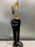 Luxury Sparkle Diamonds Sexy Crop Top Velour Pant Two Pieces Set Women Celebrate Birthday Party Nightclub Stage Costume