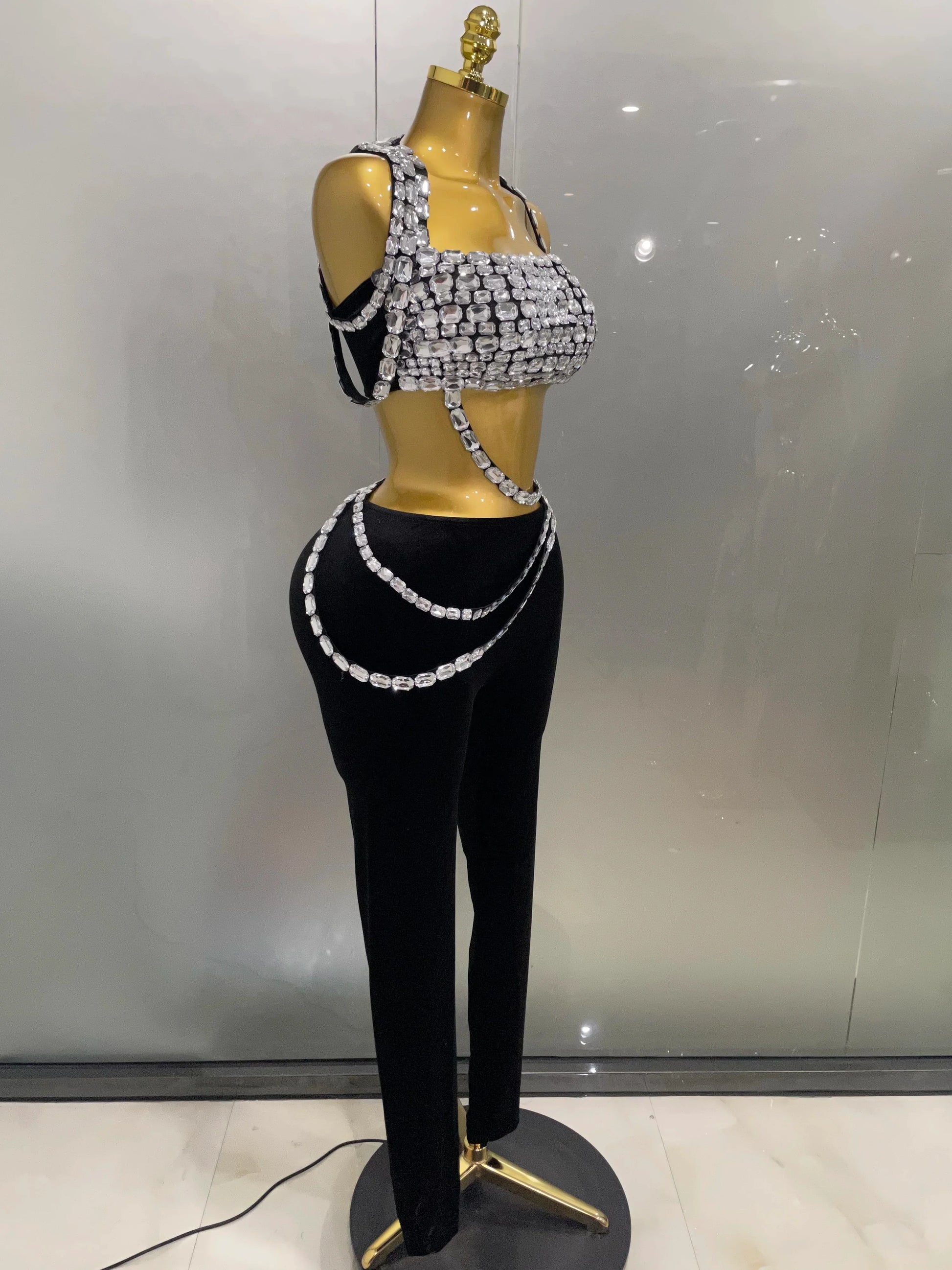 Luxury Sparkle Diamonds Sexy Crop Top Velour Pant Two Pieces Set Women Celebrate Birthday Party Nightclub Stage Costume