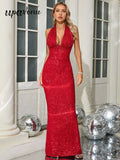 2024 Sexy Women's Maxi Red Sparkle Dress with Hanging Neck Sleeveless Bodycon Backless Long Dresses Evening Club Party Vestidos