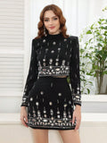 Women Heavy Industry Hot diamond Suit Short Skirt Set with Stand Collar Long Sleeve Hoodie Short Top+Mini Skirt Two Piece Set