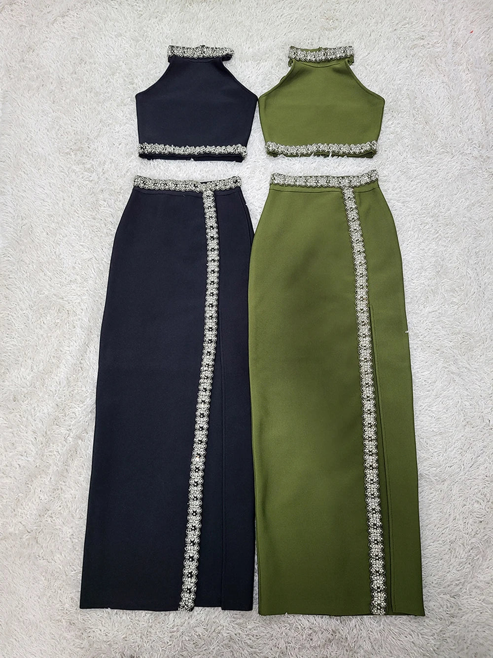 Black Army Green Bandage Two Pieces Sets Sexy Diamond Bead Halter Top Long Skirt Women Bodycon Clothing Elegant Party Sets
