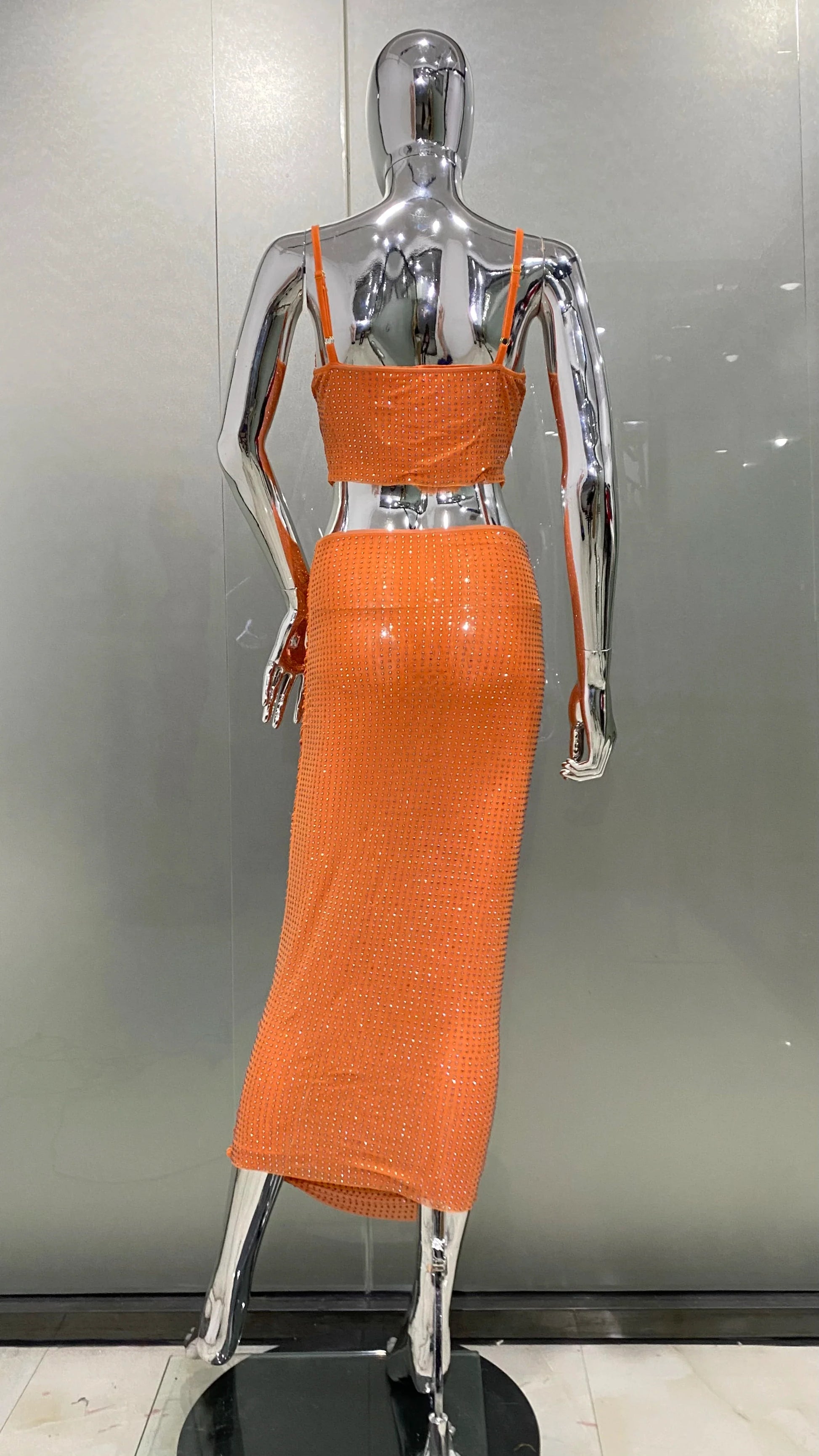 Orange Color Women Sleeveless Sexy 2 Pieces Shinning Rhinestones Bodycon Long Dress Fashion Celebrate Nightclub Party Dress