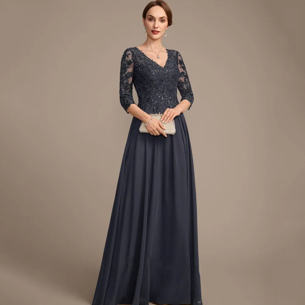 Customized Mother of Dresses V Neck Lace Bride Party Dress A Line Elegant Sequined Formal Gowns New robes invitée mariage GRAY