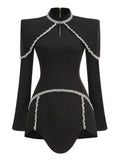 Light Luxury Water Diamond Mini Dress Stand Collar Long Sleeve Bodycon Asymmetric Dress Cocktail Evening Club Party Vestido black
