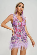 Sexylady Party Dress Purple Feathers V Neck Sexy Club Bodycon Wear Gowns Shinny Diamons Luxury