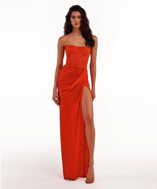 2023 Summer Women Sexy Strapless Bodycon Mid-calf Bodycon High Split Dress Fashion Wedding Mermaid Celebrate Party Dress