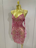 Sexy Sparkly Rhinestones Mesh Mini Dress With GlovesWomen Evening Birthday Party Celebrate Costume Dancer Stage Wear