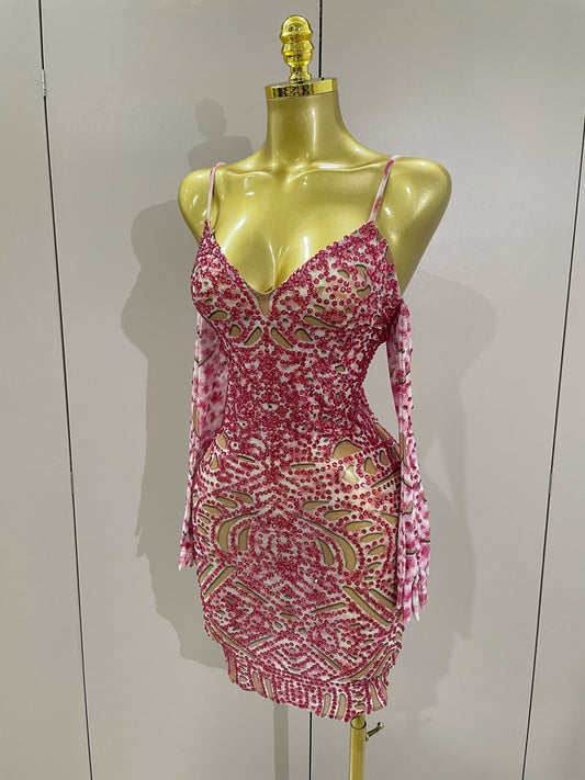 Sexy Sparkly Rhinestones Mesh Mini Dress With GlovesWomen Evening Birthday Party Celebrate Costume Dancer Stage Wear
