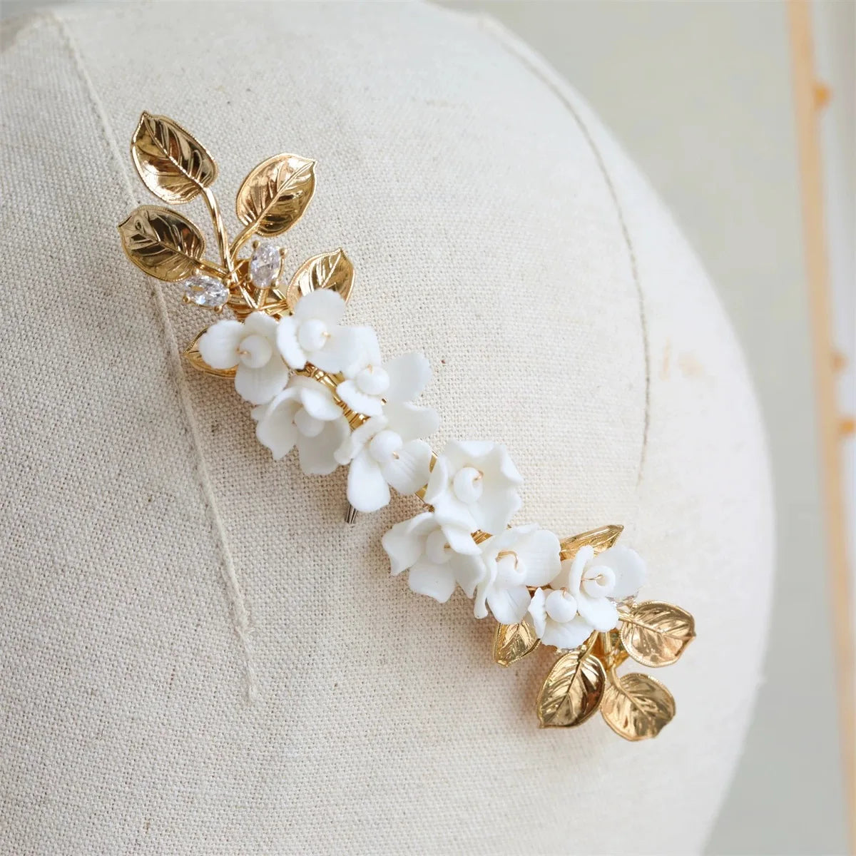 Vintage Gold Color Headband Hairband Porcelain Flower Leaf Zircon Headpiece Bride Women Wedding Accessories Bridal Hair Jewelry