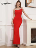 Elegant Women's Spaghetti Strap Nail Diamond Design Bandage Dress Bodycon Backless Long Dress Fashion Dinner Party Vestidos