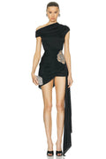 Black White Women Sexy Spandex Waist Diamond Bodycon Draped Mini Dress Nightclub Party Celebrate Cocktail Fashion Dress