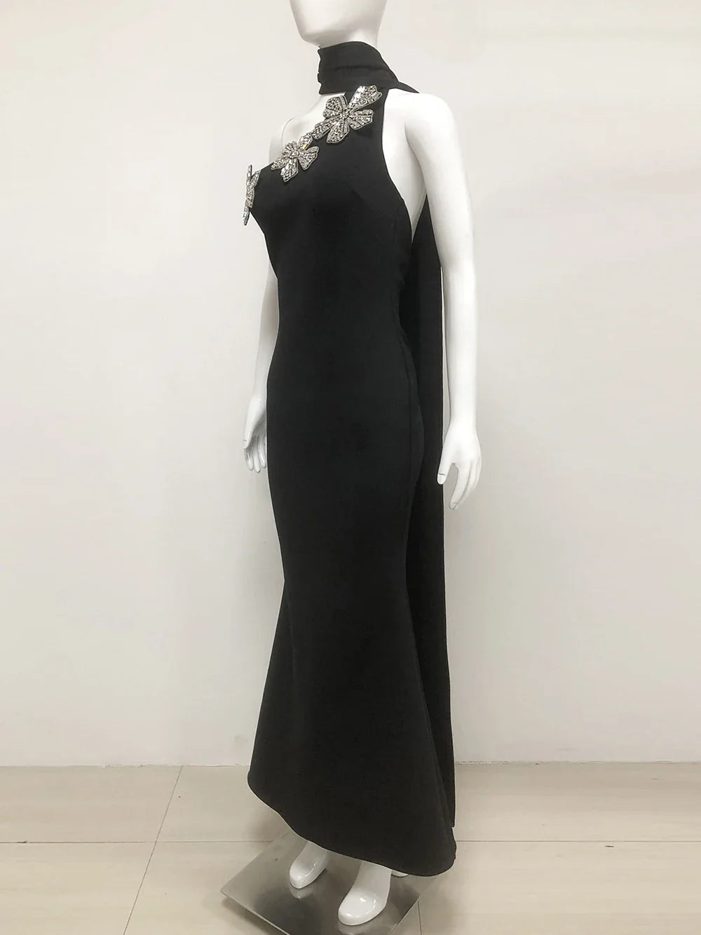 Elegant Solid Diamond Flower Bandage Women Halter Dress Off Shoulder Sleeveless Backless Slim Female Maxi Dresses Lady Robe