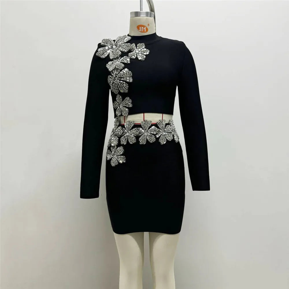 High Quality Women Long Sleeve Diamond Florals Bodycon 2 Pieces Mini Bandage Dress Celebrate Nightclub Party Birthday Dress mini set