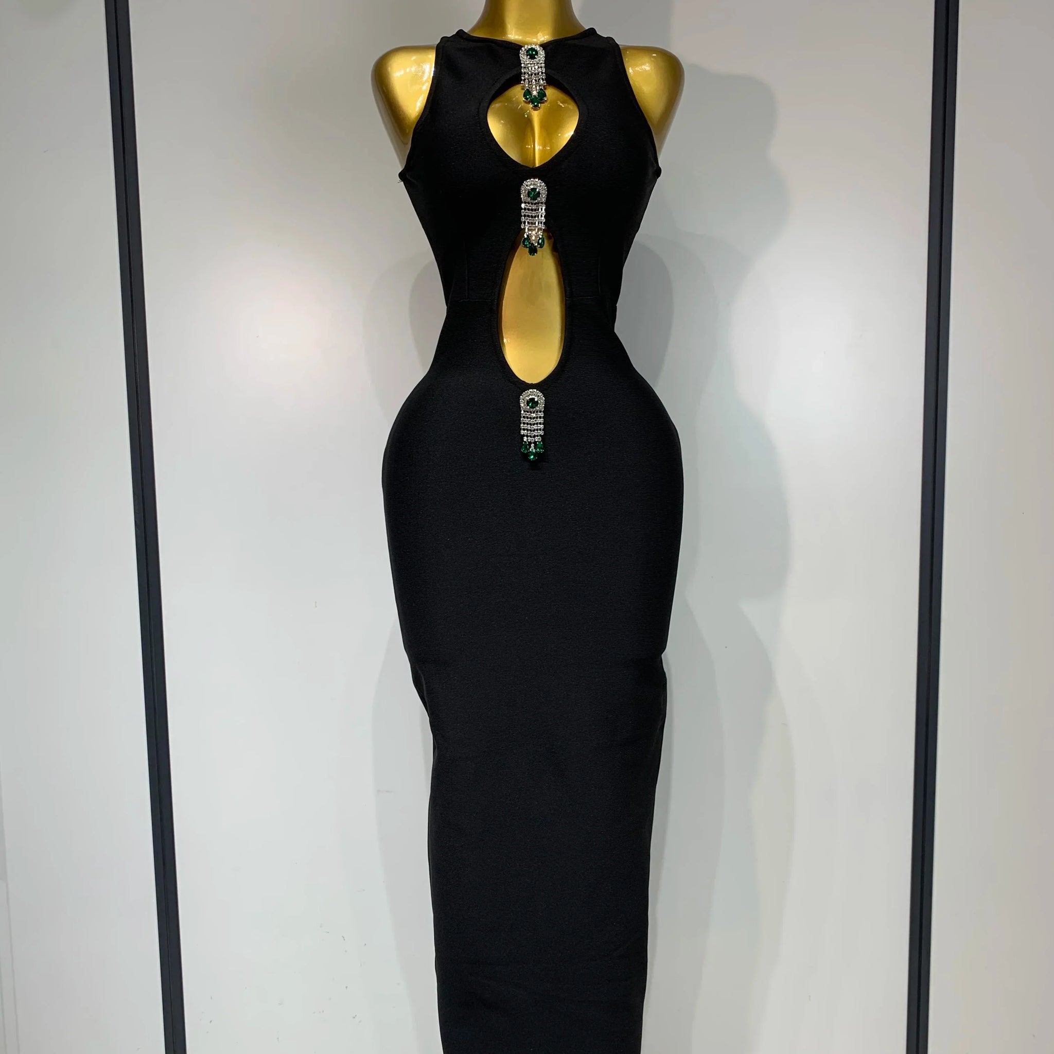 Women Celebrity Sexy Cut Out Diamonds Black Long Bodycon Bandage Dress Elegant Evening Club Party Luxury Birthday Dresses black