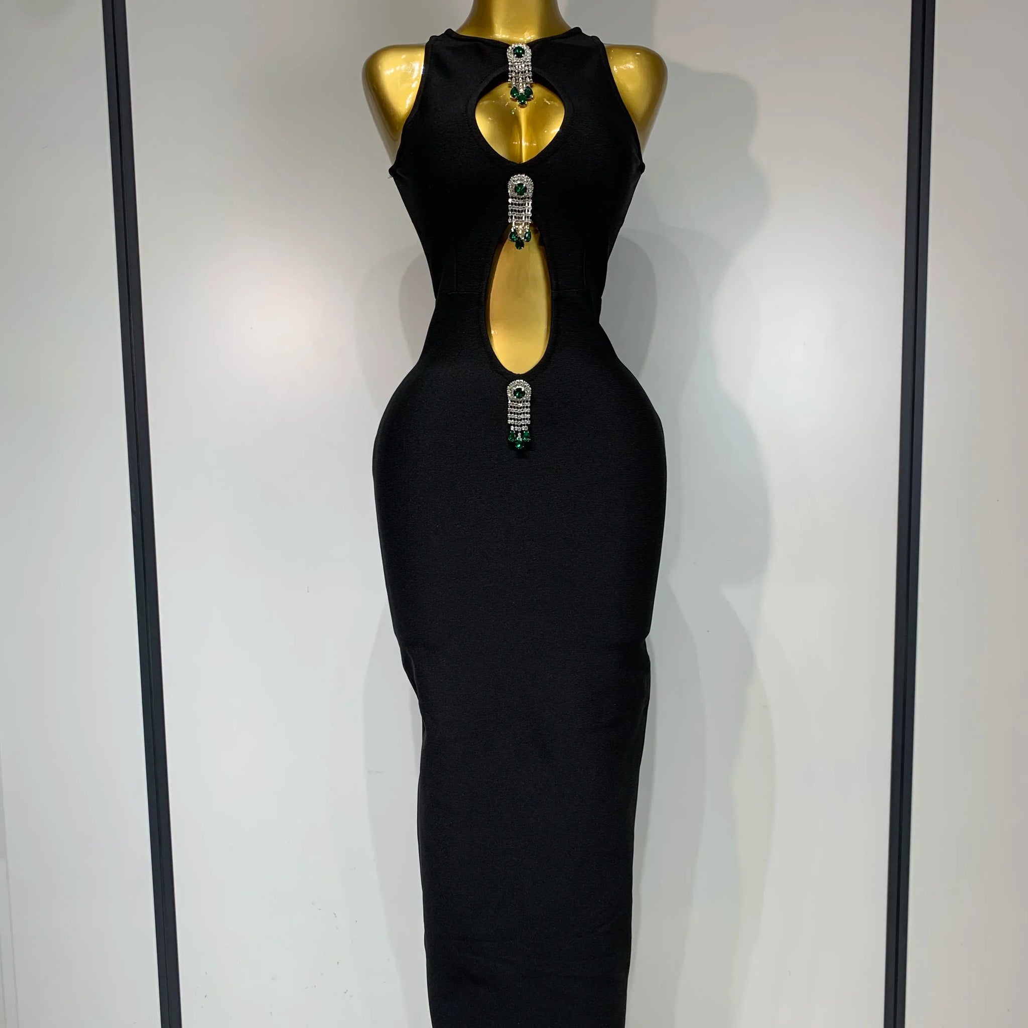 Women Celebrity Sexy Cut Out Diamonds Black Long Bodycon Bandage Dress Elegant Evening Club Party Luxury Birthday Dresses black