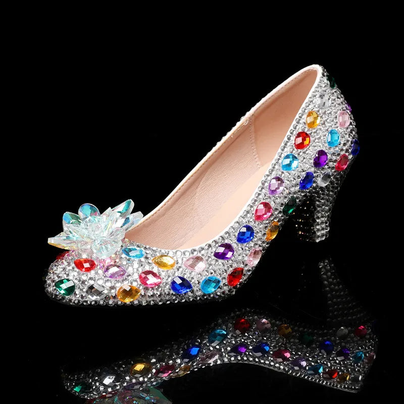 Luxury Colorful Rhinestones Wedding Women Pumps Fashion Round toe Crystal Flowers Bridal Party High heels Elegant Banquet Shoes Silver