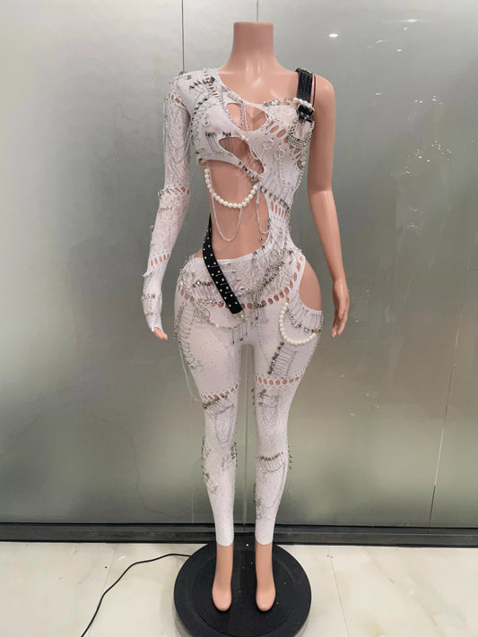 Sexy Shining Pearl Chain One Shoulder Hollow Out Jumpsuit Women Birthday Party Nightclub Singer Performance Stage Wear WHITE