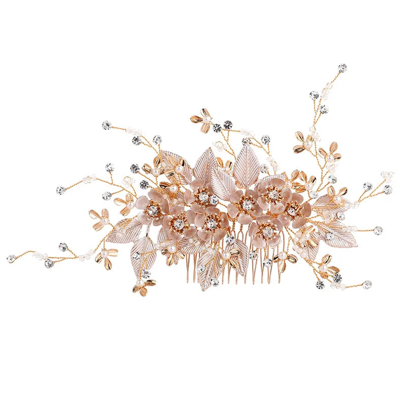Wedding Accessories Flower Hair Comb Pin Clip Rhinestones Crystal Head Pieces Bride Women Gold Color Leaf Hairpin Bridal Jewelry