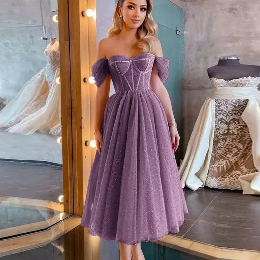 Glitter Sequin Tulle Prom Dress Off The Shoulder Pleat Ruched Princess Homecoming Dresses vestidos de graduación Purple