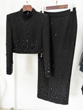 2024 Heavy Industry Nail Bead Inlaid Diamond Short Skirt Set O-neck Long Sleeve Slim Fit Short Top+Nail Bead Skirt Two Piece Set Black long style