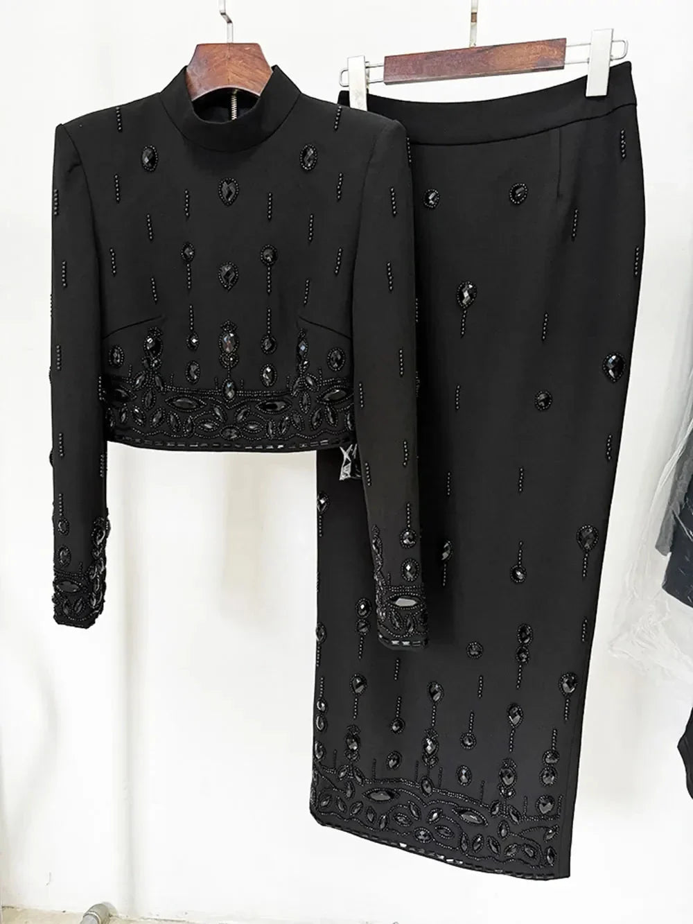 2024 Heavy Industry Nail Bead Inlaid Diamond Short Skirt Set O-neck Long Sleeve Slim Fit Short Top+Nail Bead Skirt Two Piece Set Black long style