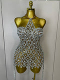Sparkly Sequin Diamond MeshTransparent Top Dress Two Piece Set Women Sexy Evening Party Celebrate Birthday Photo Shoot Wear Silver