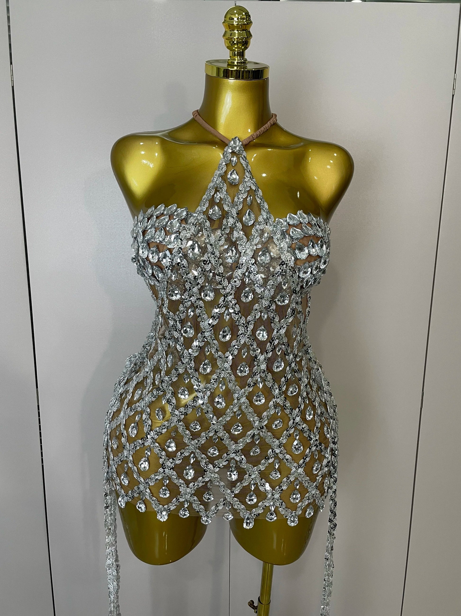 Sparkly Sequin Diamond MeshTransparent Top Dress Two Piece Set Women Sexy Evening Party Celebrate Birthday Photo Shoot Wear Silver