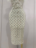 Shinning White Feathers Sequins Straples Bodycon Dress Women Fashion Celebrate Luxury Birthday Party Cocktail Dress