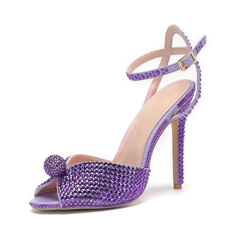 Runway style Rhinestone Sequined Peep toe Women Gladiator Sandals Summer Elegant High heels Crystal Wedding Banquet Bridal Shoes Purple