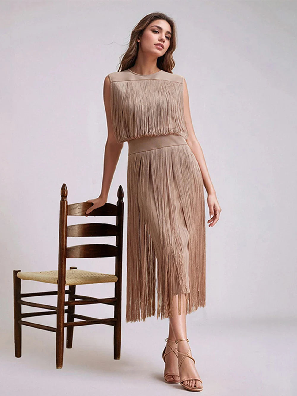 Tassel Patchwork Party Fashion Midi Dress Women Summer Sleeveless Solid High Street Ladies Vestidos