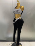 Luxury Sparkle Diamonds Sexy Crop Top Velour Pant Two Pieces Set Women Celebrate Birthday Party Nightclub Stage Costume