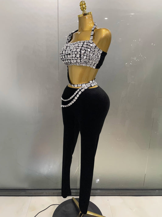 Luxury Sparkle Diamonds Sexy Crop Top Velour Pant Two Pieces Set Women Celebrate Birthday Party Nightclub Stage Costume