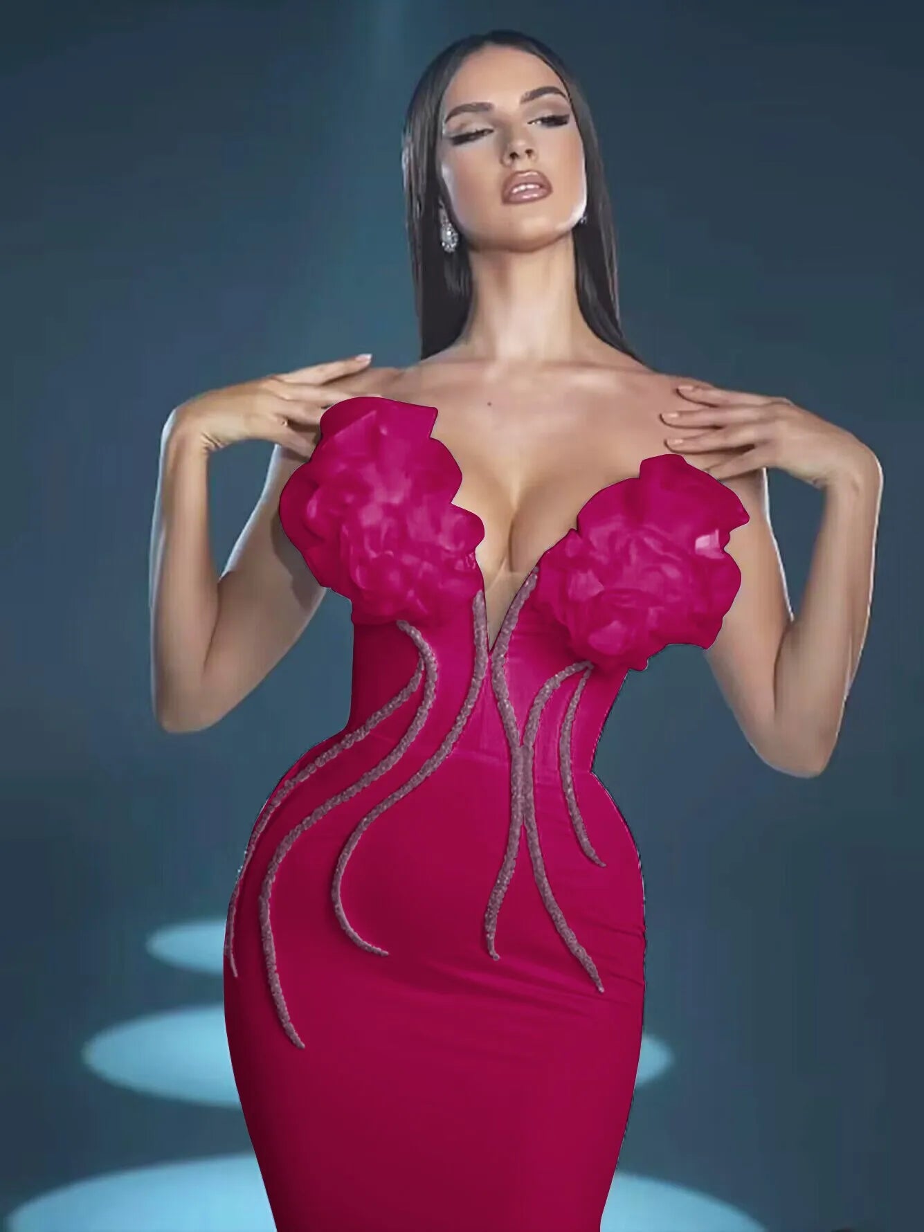 Rosered Color Women Sexy Florals Off the Shoulder Bodycon Bandage Long Dress Celebrate Evening Party Birthday Dress Outfit Rose Red