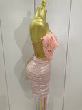 Sexy Pink Sequin Strapless 2 Pieces Bodycon Mini Dress Women Celebrate Birthday Party Bar Singer Nightclub Stage Costume