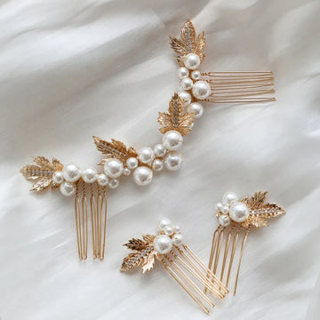 Pearl Crystal Hair Comb Pin Vintage Gold Color Head Piece For Brides Women Leaf Hairpins Wedding Accessories Bridal Jewelry