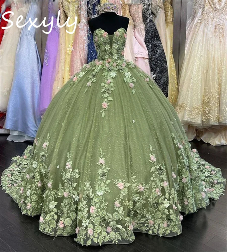 Sparkle Sage Green Quinceanera Dresses Charro Xv Mexican Vestidos De 15 Anos Lace Up 3D Floral Birthday Party Gown Customized