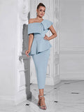 2024 Sexy Women Sky Blue Dress Off Shoulder Slant Neck Lotus Leaf Sleeve Button Design Bodycon Midi Dress Evening Party Vestidos