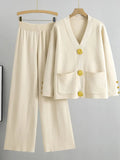 Casual Women's Knitted Pants Set V-neck Long sleeved Single breasted Knitted Sweater Cardigan+Flare Pants Two piece Set apricot