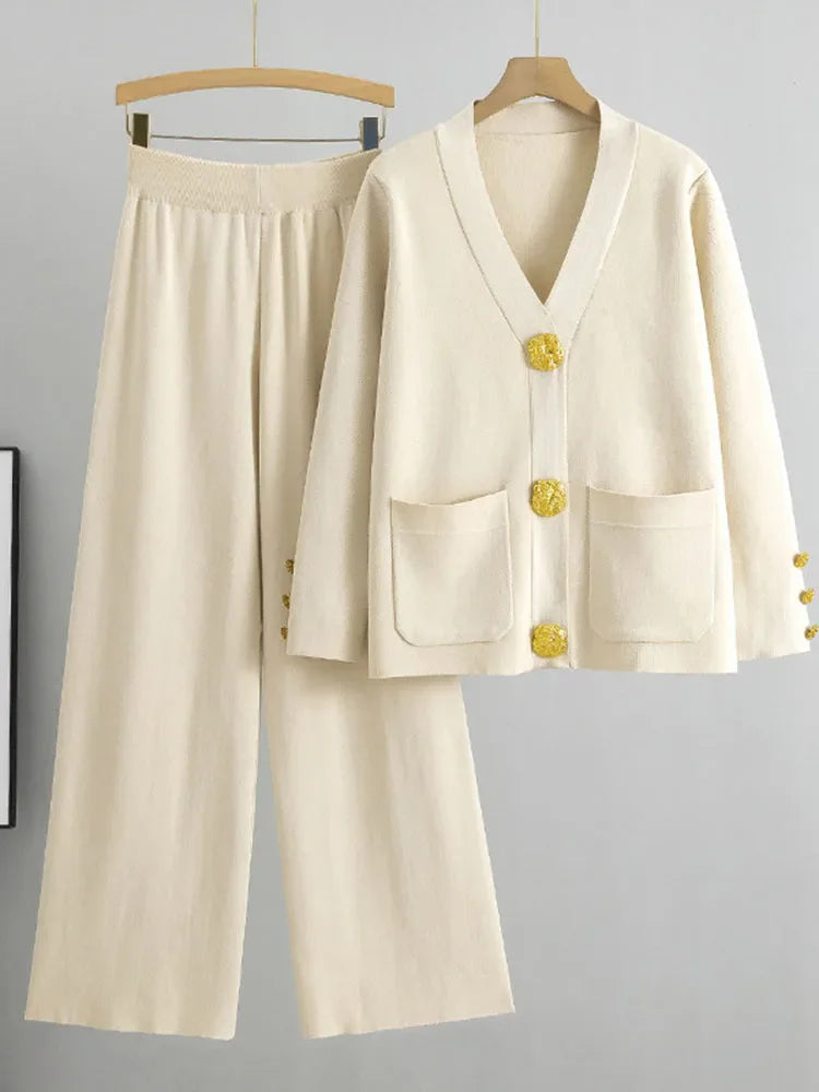 Casual Women's Knitted Pants Set V-neck Long sleeved Single breasted Knitted Sweater Cardigan+Flare Pants Two piece Set apricot