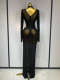 Sparkly Luxury Rhinstones Long Sleeve Elegant Party Dress Women Performance Stage Outfit Evening Birthday Prom Gown