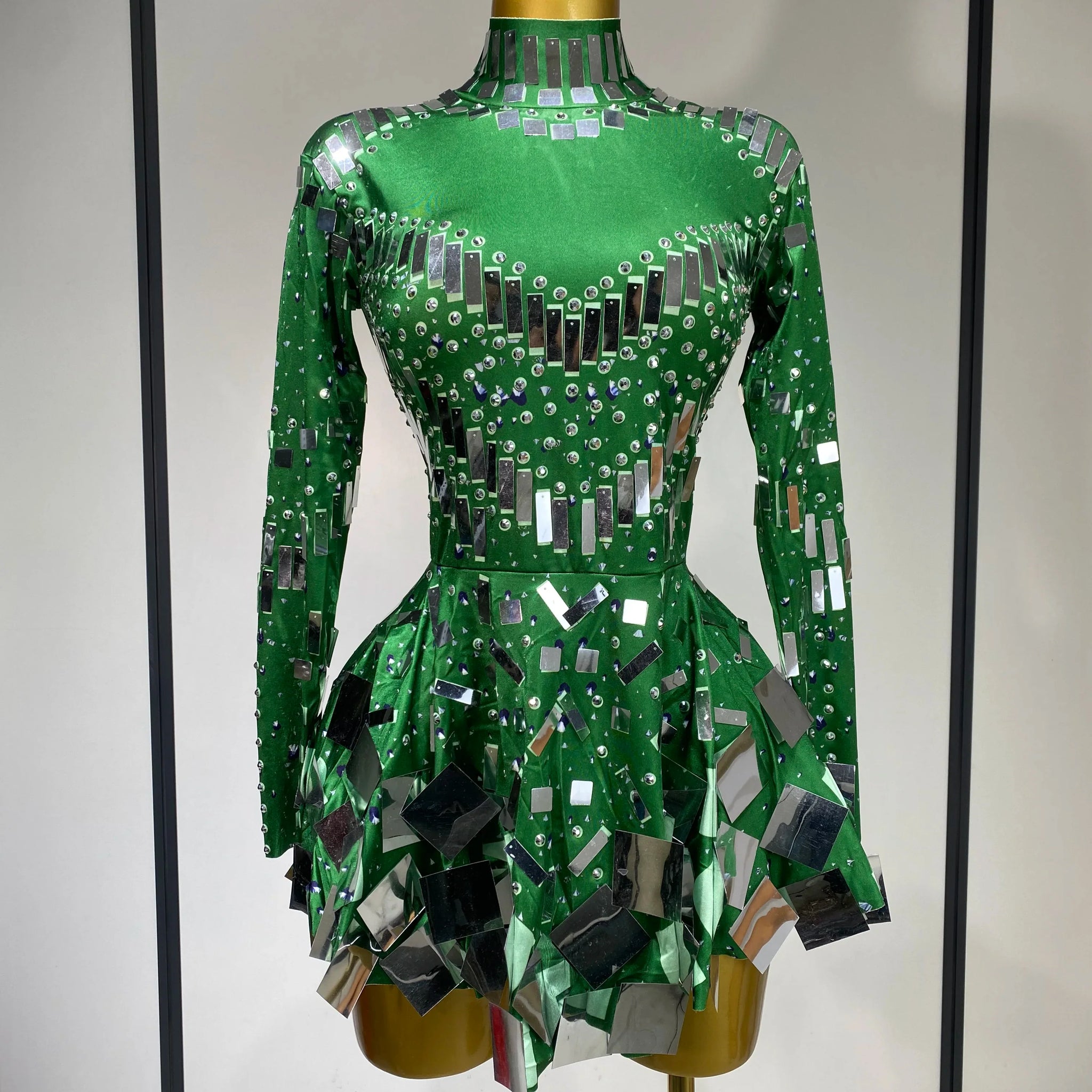Women Sexy Elastic A-Line Dress Birthday Performance Costume Sparkly Sequin Nightclub Evening Party Hotwife Stage Outfit green
