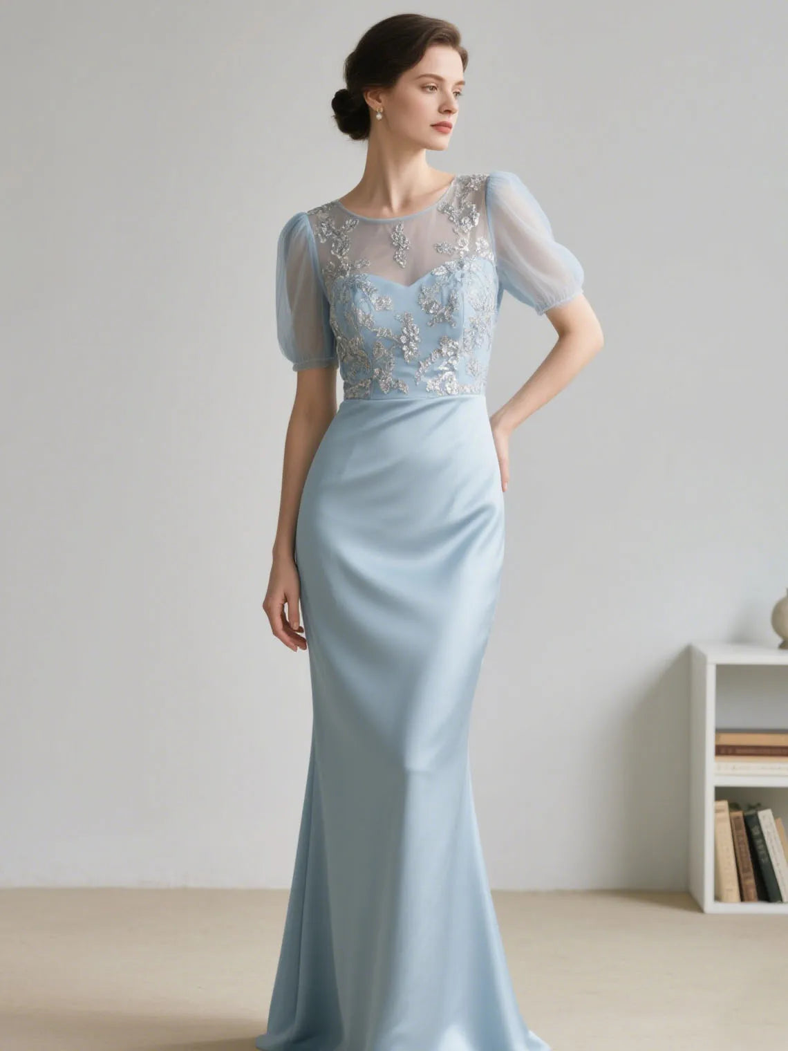 Mother Of The Bride Gown - Sexy Mermaid Wedding Party Dress Floor Length Scoop Neck Half Sleeve Appliques Mother of the Bride Gown 2025 Free Customized Sky Blue