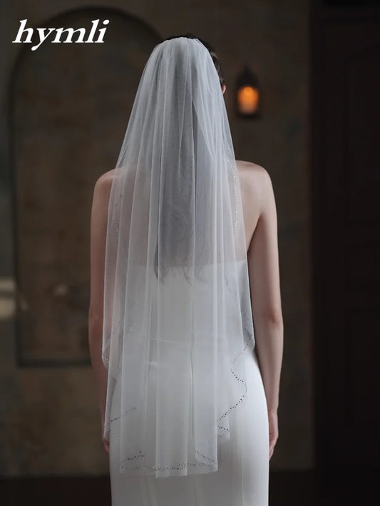 New Style 1 Tier Fingertip length Wedding Veil Tulle Crystal Bridal Veil Cut Edge