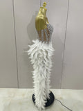 Luxury Sparkle Rhinestone White Feather Sexy Mesh Long Dress Women Evening Party Birthday Performance Photoshoot Costume
