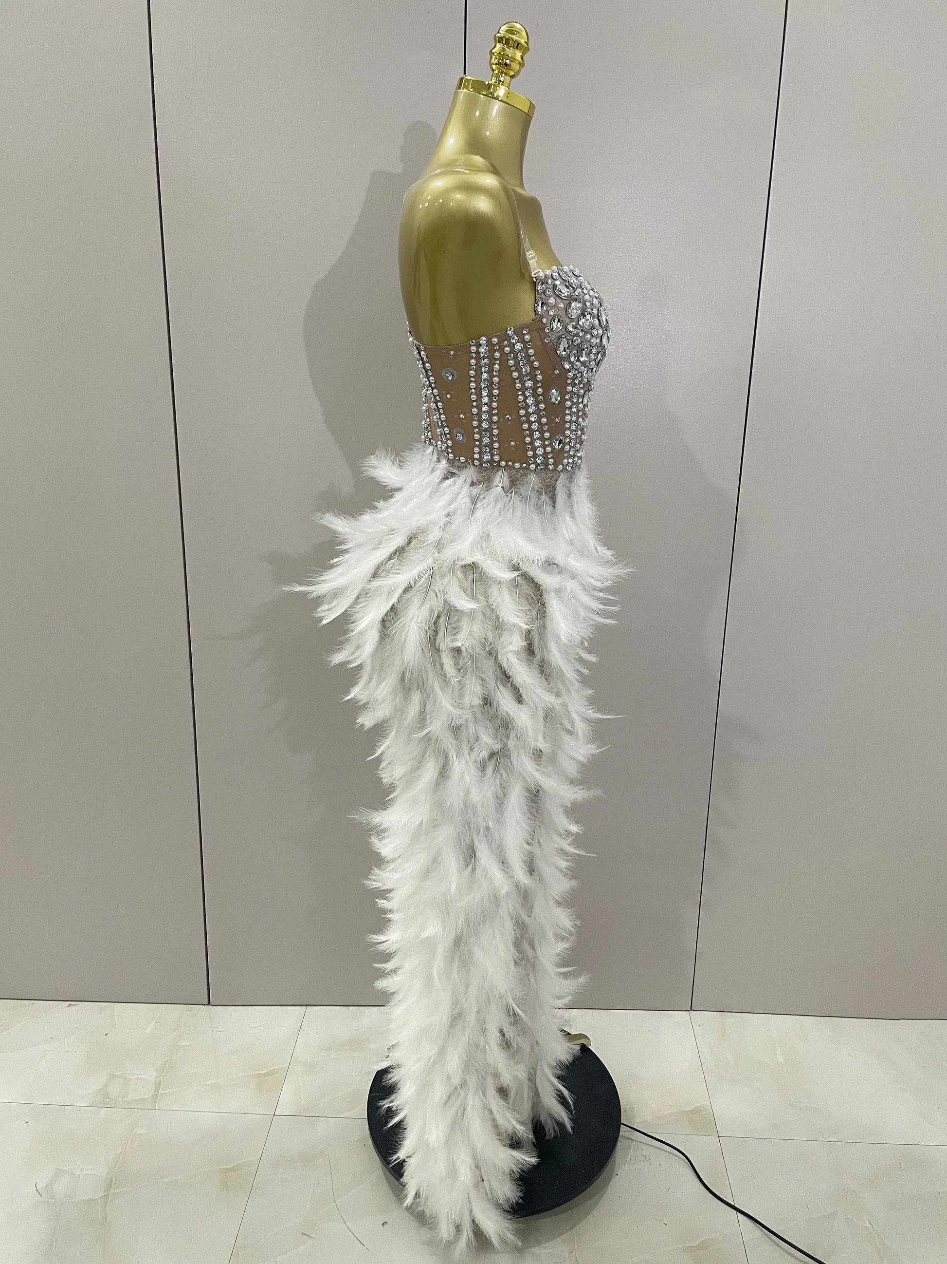 Luxury Sparkle Rhinestone White Feather Sexy Mesh Long Dress Women Evening Party Birthday Performance Photoshoot Costume