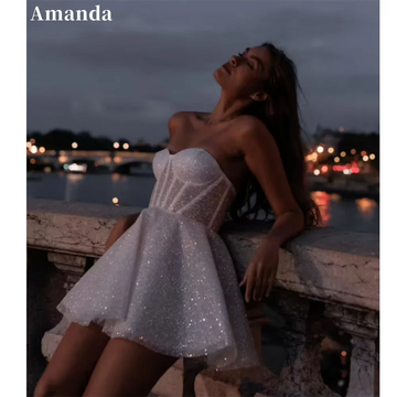 Amanda Ivory White Mini Glitter Prom Dresses Shiny Sequins Evening Dress Elegant Off Shoulder Sleeveless vestidos de fiesta 2024