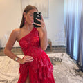 Wine Red Prom Dresses Lace Sequins Evening Dress Sleeveless One Shoulder Backless Side Split Party vestidos de fiesta