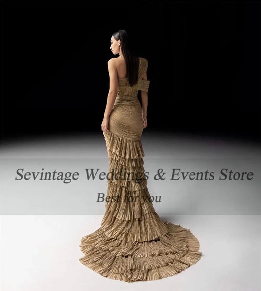 Mermaid Tulle Prom Dresses One Shoulder Pleated Side Slit Tiered Evening Gown Formal Women Occasion Party Dresses