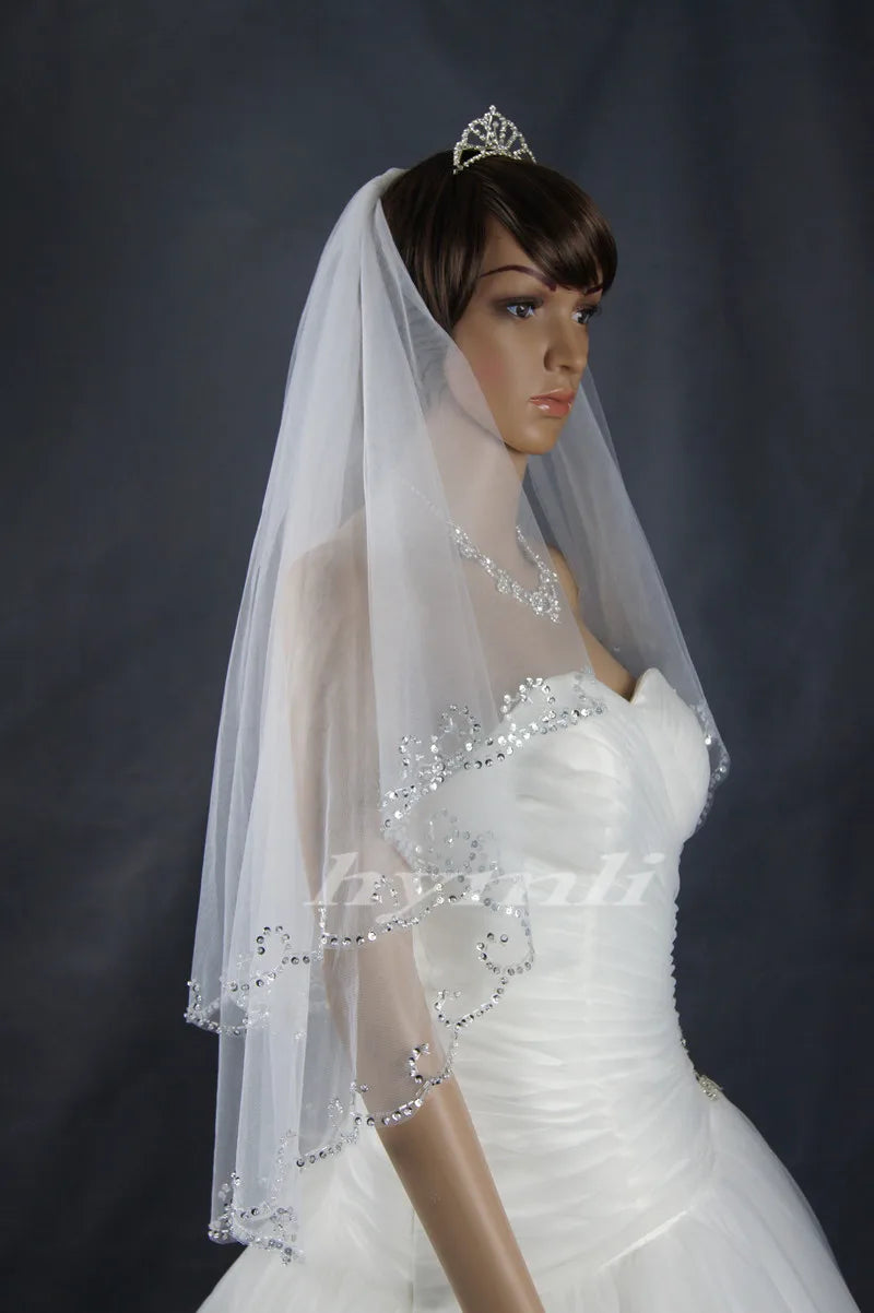 Two-Tier Fingertip Length Hand-Beaded Bridal Veil Wedding Accessory: A Touch of Sparkle and Sophistication for Your Special Day
